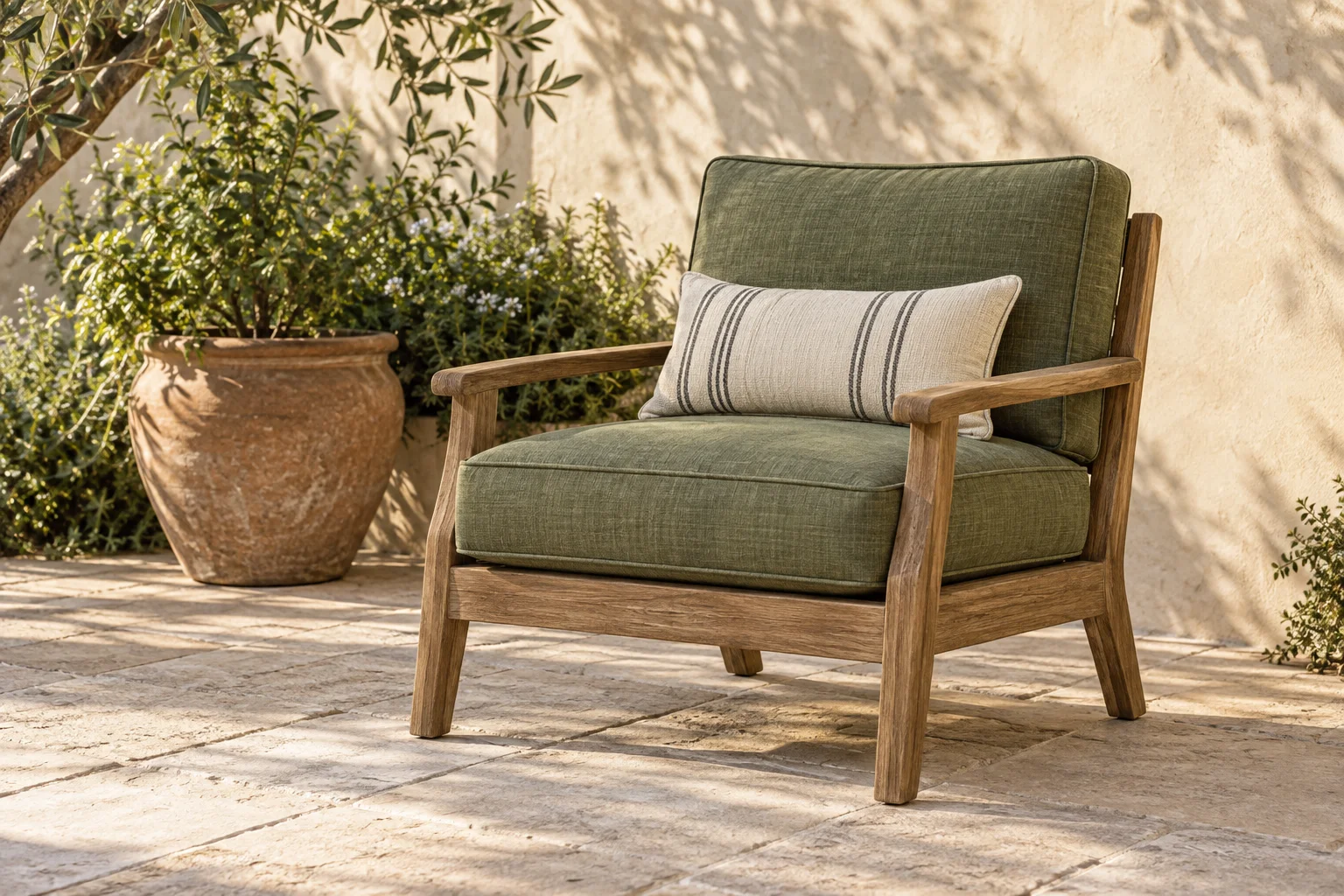 Illustrative after: garden chair with moss green removable cushions