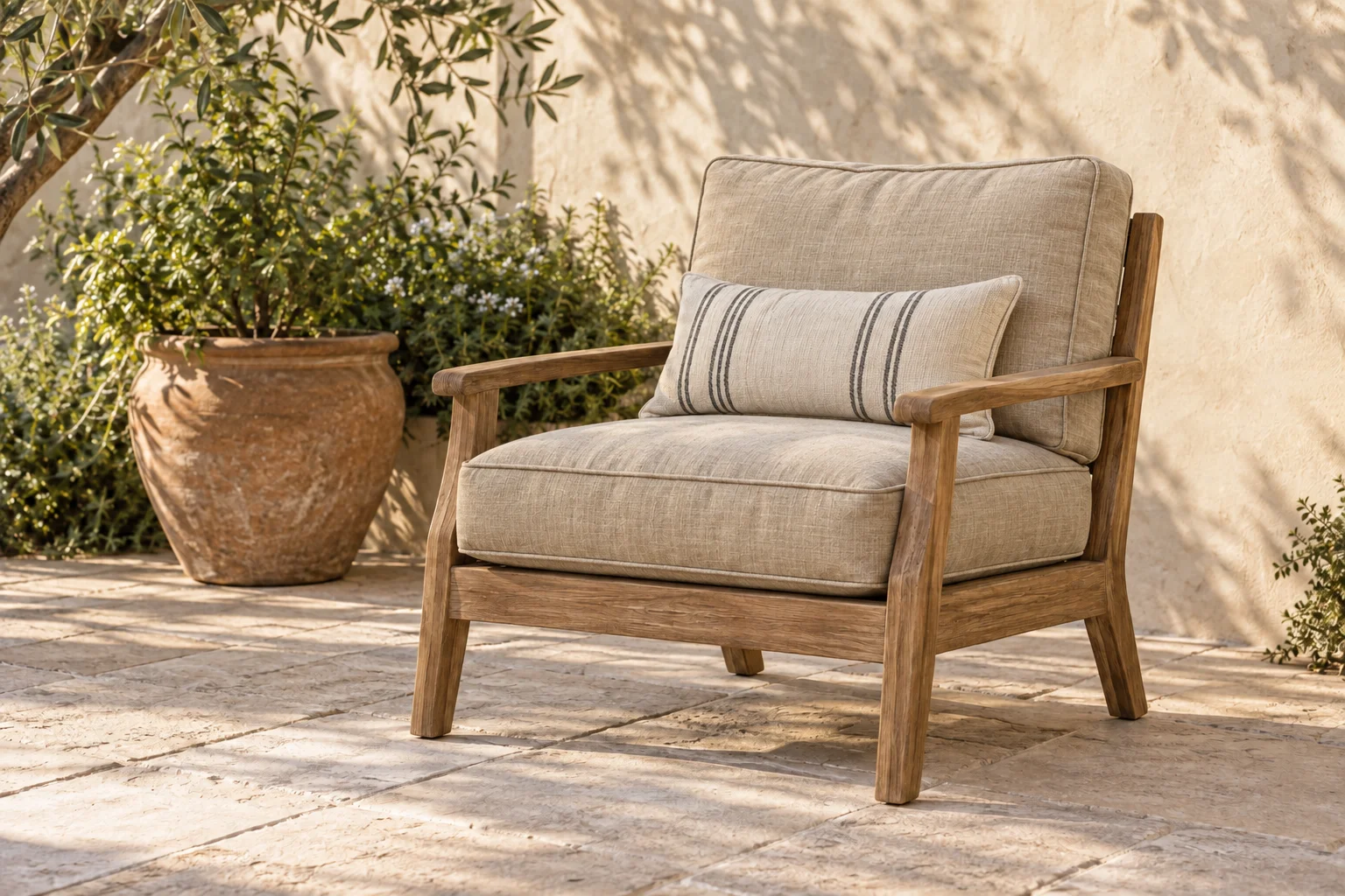 Illustrative before: the same garden chair with worn beige cushions