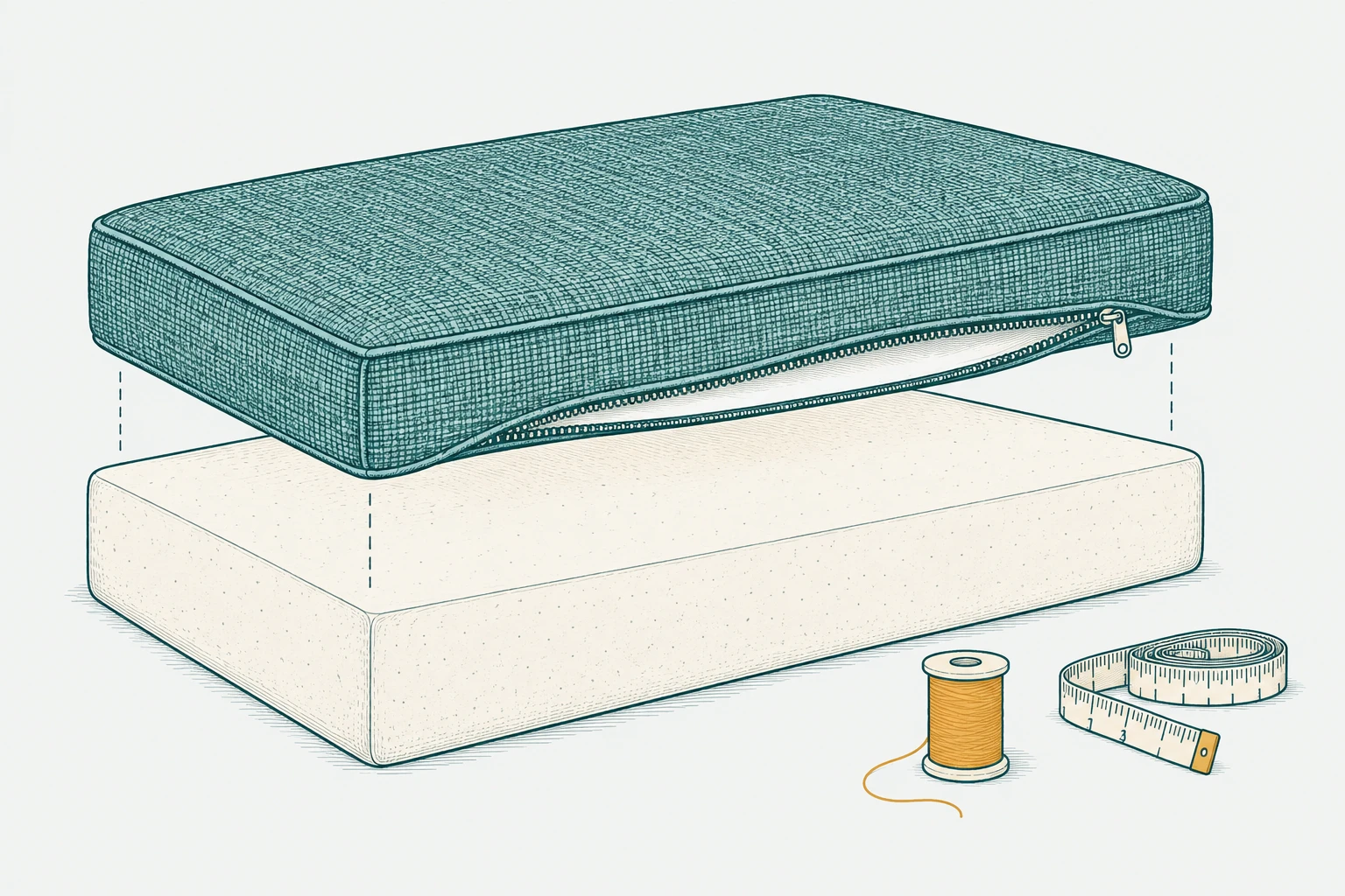 Line illustration of a cushion cover, foam core, zipper and measuring tape