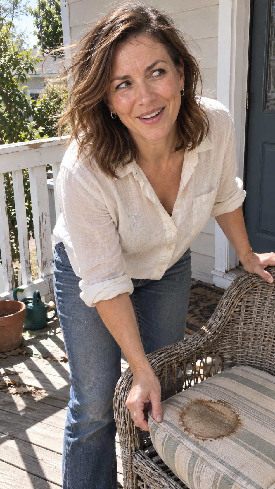 Maya in an ivory shirt on a sunlit porch with a worn striped cushion