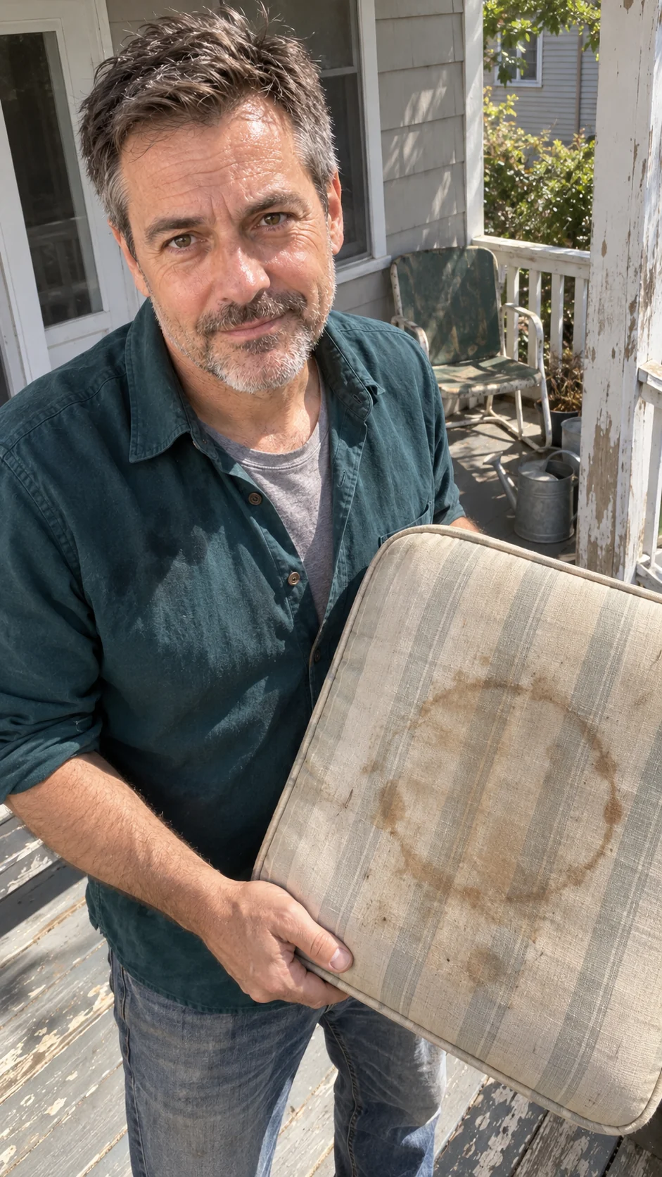 Sam in a teal shirt holding a cushion on a weathered porch